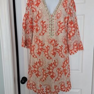 Boston Proper Orange and Cream Mini Dress